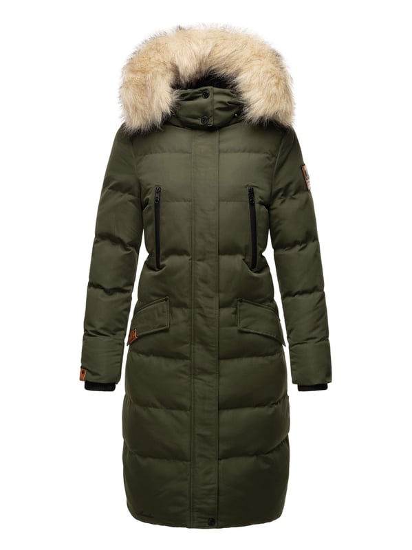 Marikoo Damen Winterjacke – Schneesternchen, lang mit Kapuze & Fellkragen Die Schneesternchen Winterjacke von Marikoo bietet rundum Wohlfühlfaktor für kalte Tage. Das wasser- und windabweisende Obermaterial schützt zuverlässig, während die hochwertige Wattierung angenehm wärmt. Ein kuscheliger, abnehmbarer Kunstfellkragen und die ebenfalls abnehmbare Kapuze sorgen für Flexibilität. Innen mit Fleece gefütterte Taschen, zusätzliche Brusttaschen mit Reißverschluss und mehrere Innentaschen bieten viel Stauraum. Mit extra langem Schnitt, robustem Zwei-Wege-Reißverschluss und eleganten Logo-Details ist diese Jacke in 19 Farben erhältlich – ein echtes Winter-Must-Have.