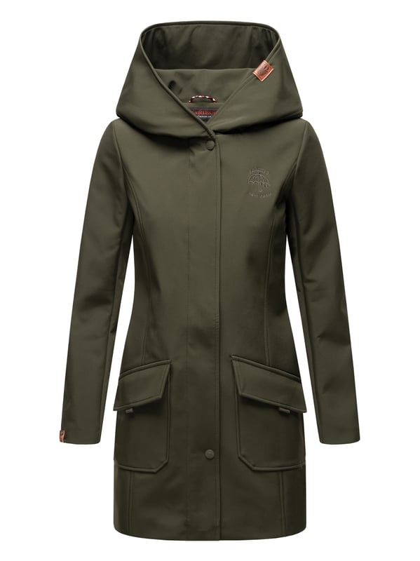 Marikoo chaqueta softshell mujer – Mayleen impermeable con capucha La chaqueta softshell Mayleen de Marikoo combina diseño moderno y funcionalidad. Confeccionada en tejido resistente al agua, protege del viento y la lluvia ligera. El cuello alto y la tapeta adicional con botones ofrecen mayor comodidad. Incluye bolsillos frontales con solapa, bolsillo interior con apertura para cables y detalles de logotipo discretos. Con corte entallado, bordado en la capucha y apliques de piel sintética, esta chaqueta es elegante y práctica – perfecta para el día a día.