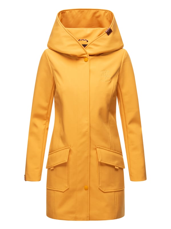 Marikoo chaqueta softshell mujer – Mayleen impermeable con capucha La chaqueta softshell Mayleen de Marikoo combina diseño moderno y funcionalidad. Confeccionada en tejido resistente al agua, protege del viento y la lluvia ligera. El cuello alto y la tapeta adicional con botones ofrecen mayor comodidad. Incluye bolsillos frontales con solapa, bolsillo interior con apertura para cables y detalles de logotipo discretos. Con corte entallado, bordado en la capucha y apliques de piel sintética, esta chaqueta es elegante y práctica – perfecta para el día a día.