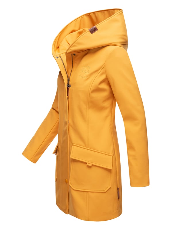Marikoo chaqueta softshell mujer – Mayleen impermeable con capucha La chaqueta softshell Mayleen de Marikoo combina diseño moderno y funcionalidad. Confeccionada en tejido resistente al agua, protege del viento y la lluvia ligera. El cuello alto y la tapeta adicional con botones ofrecen mayor comodidad. Incluye bolsillos frontales con solapa, bolsillo interior con apertura para cables y detalles de logotipo discretos. Con corte entallado, bordado en la capucha y apliques de piel sintética, esta chaqueta es elegante y práctica – perfecta para el día a día.