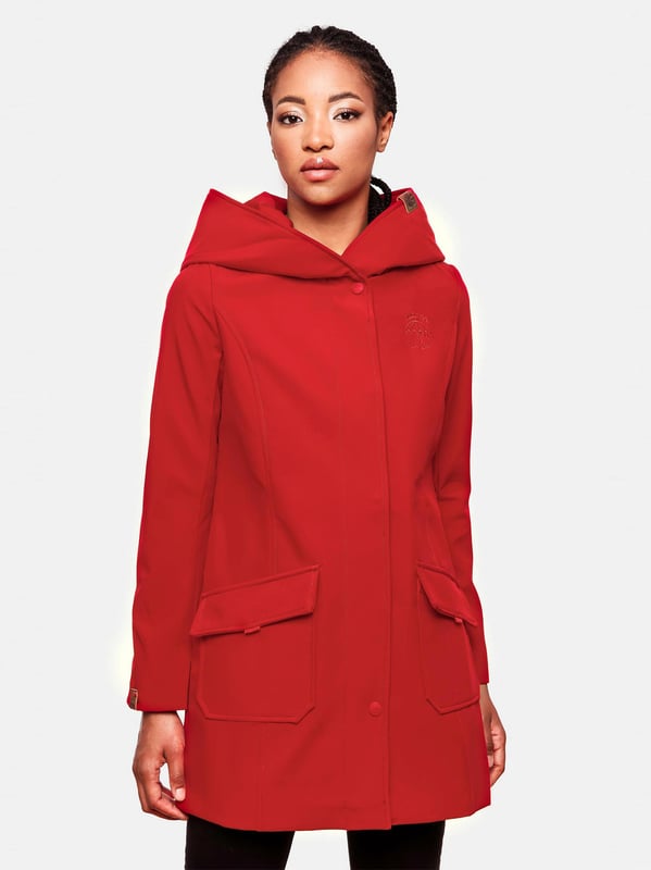Marikoo chaqueta softshell mujer – Mayleen impermeable con capucha La chaqueta softshell Mayleen de Marikoo combina diseño moderno y funcionalidad. Confeccionada en tejido resistente al agua, protege del viento y la lluvia ligera. El cuello alto y la tapeta adicional con botones ofrecen mayor comodidad. Incluye bolsillos frontales con solapa, bolsillo interior con apertura para cables y detalles de logotipo discretos. Con corte entallado, bordado en la capucha y apliques de piel sintética, esta chaqueta es elegante y práctica – perfecta para el día a día.