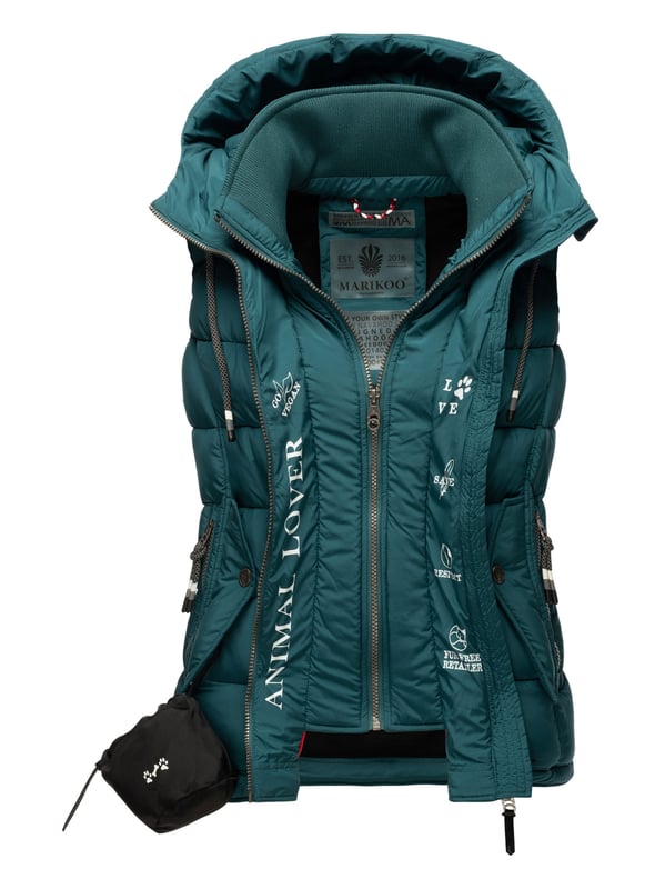 MARIKOO B896 Wintervest voor dames, gewatteerd vest met capuchon en bontkraag, maat XXL