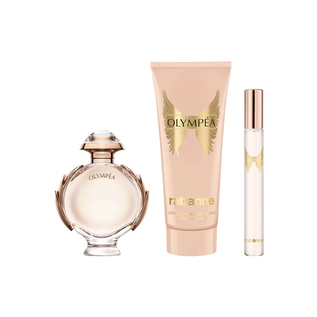 Rabanne Olympéa Eau de Parfum Gift Set for Women - Iconic Fragrance Collection Discover the empowering essence of Rabanne Olympéa Eau de Parfum Gift Set, designed for the modern woman. This exquisite set features a captivating blend of salty vanilla, refreshing green tangerine, delicate water jasmine, and the warmth of ginger flower, creating a signature scent that embodies strength and femininity. Included in this luxurious set are a 50ml Eau de Parfum, a 10ml travel-sized Eau de Parfum, and a 100ml body lotion, all designed to leave you feeling like a goddess. Elevate your fragrance collection with this iconic gift set.