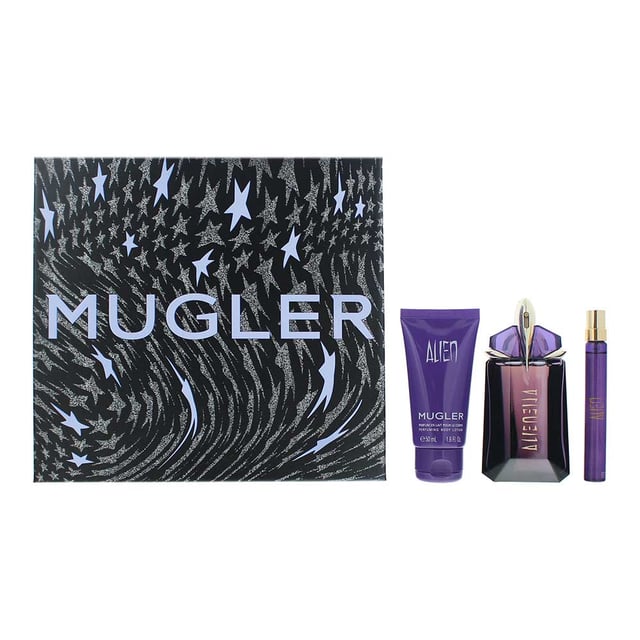 Mugler Alien Eau de Parfum 60ml, Eau de Parfum 10ml + Body Lotion 50ml Gift Set Thierry Mugler design house launched Alien in 2005 as a oriental woody fragrance for women. Alien notes consist of white amber woody accords Indian jasmine green accords and orange blossom. Gift set contains 60ml and 10ml Eau de parfum and a 50ml body lotion.