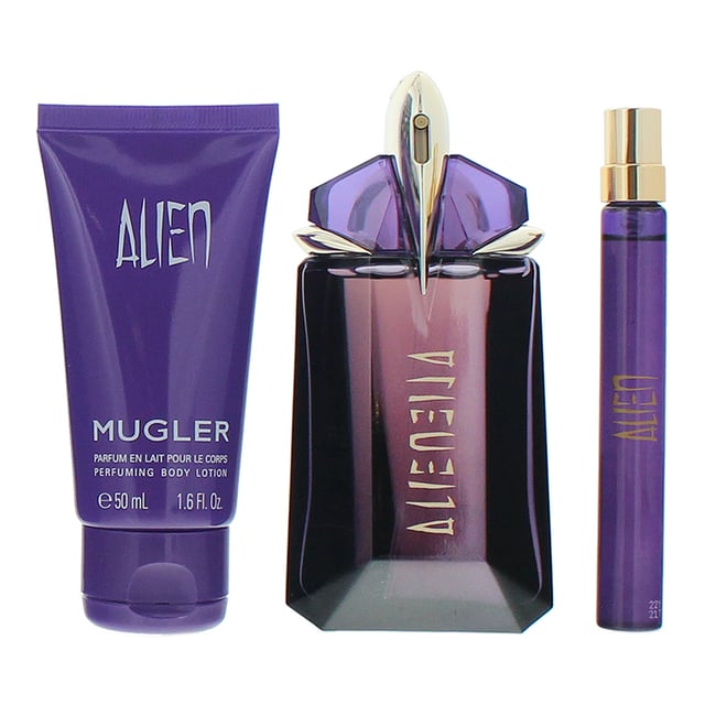 Mugler Alien Eau de Parfum 60ml, Eau de Parfum 10ml + Body Lotion 50ml Gift Set Thierry Mugler design house launched Alien in 2005 as a oriental woody fragrance for women. Alien notes consist of white amber woody accords Indian jasmine green accords and orange blossom. Gift set contains 60ml and 10ml Eau de parfum and a 50ml body lotion.