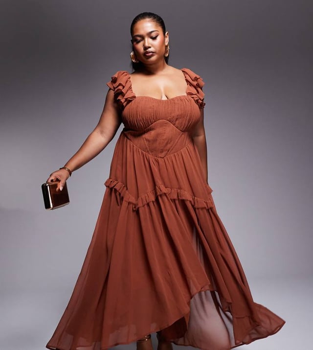 ASOS DESIGN Curve flutter sleeve high low midi dress in mocha