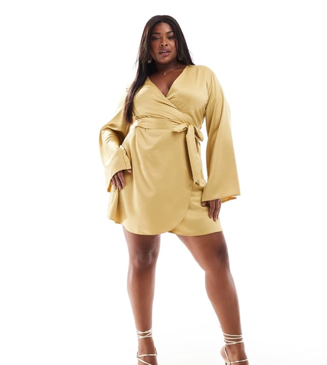ASOS DESIGN Curve satin long sleeve wrap front mini dress in gold