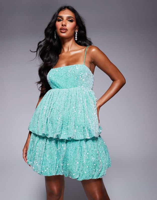 ASOS LUXE strappy cami bubble mini skater dress in green sequin ASOS LUXE strappy cami bubble mini skater dress in green sequin