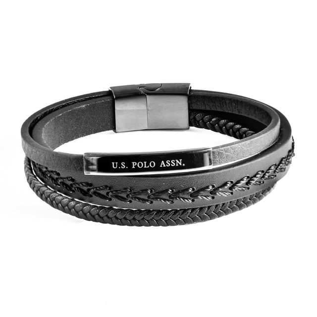21,5 cm lange, meerlaagse armband van echt leer met zwarte draden en vlechten. Gepolijste roestvrijstalen sluiting. Gepersonaliseerd met logo.