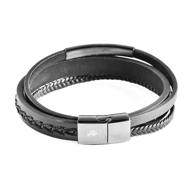 21,5 cm lange, meerlaagse armband van echt leer met zwarte draden en vlechten. Gepolijste roestvrijstalen sluiting. Gepersonaliseerd met logo.