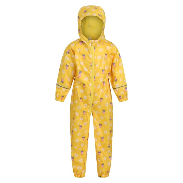Regatta Childrens/Kids Pobble Peppa Pig Floral Waterproof Puddle Suit (Maize Yellow) Material: 100% Polyester. Fabric: Isolite. Lining: Mesh, Taffeta. Design: Floral. All-Over Print, Reflective Trim, Taped Seams. Fabric Technology: Breathable, DWR Finish, Lightweight, Waterproof. Cuff: Elasticated. Neckline: Hooded. Sleeve-Type: Long-Sleeved. Hood Features: Elasticated, Grown On Hood. Fastening: Full Zip. 5000g/m²/24hrs. Waistline: Elasticated. Characters: Peppa Pig.