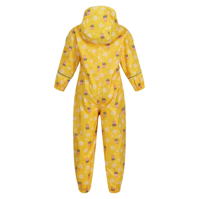 Regatta Childrens/Kids Pobble Peppa Pig Floral Waterproof Puddle Suit (Maize Yellow) Material: 100% Polyester. Fabric: Isolite. Lining: Mesh, Taffeta. Design: Floral. All-Over Print, Reflective Trim, Taped Seams. Fabric Technology: Breathable, DWR Finish, Lightweight, Waterproof. Cuff: Elasticated. Neckline: Hooded. Sleeve-Type: Long-Sleeved. Hood Features: Elasticated, Grown On Hood. Fastening: Full Zip. 5000g/m²/24hrs. Waistline: Elasticated. Characters: Peppa Pig.