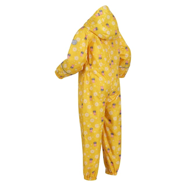 Regatta Childrens/Kids Pobble Peppa Pig Floral Waterproof Puddle Suit (Maize Yellow) Material: 100% Polyester. Fabric: Isolite. Lining: Mesh, Taffeta. Design: Floral. All-Over Print, Reflective Trim, Taped Seams. Fabric Technology: Breathable, DWR Finish, Lightweight, Waterproof. Cuff: Elasticated. Neckline: Hooded. Sleeve-Type: Long-Sleeved. Hood Features: Elasticated, Grown On Hood. Fastening: Full Zip. 5000g/m²/24hrs. Waistline: Elasticated. Characters: Peppa Pig.