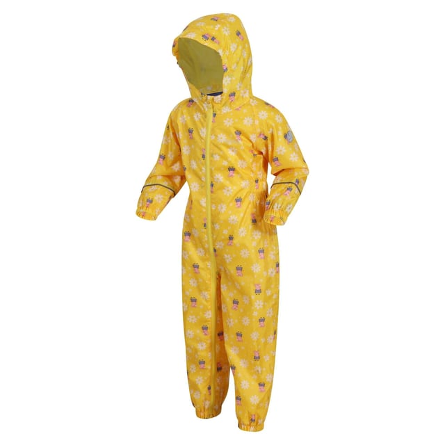 Regatta Childrens/Kids Pobble Peppa Pig Floral Waterproof Puddle Suit (Maize Yellow) Material: 100% Polyester. Fabric: Isolite. Lining: Mesh, Taffeta. Design: Floral. All-Over Print, Reflective Trim, Taped Seams. Fabric Technology: Breathable, DWR Finish, Lightweight, Waterproof. Cuff: Elasticated. Neckline: Hooded. Sleeve-Type: Long-Sleeved. Hood Features: Elasticated, Grown On Hood. Fastening: Full Zip. 5000g/m²/24hrs. Waistline: Elasticated. Characters: Peppa Pig.