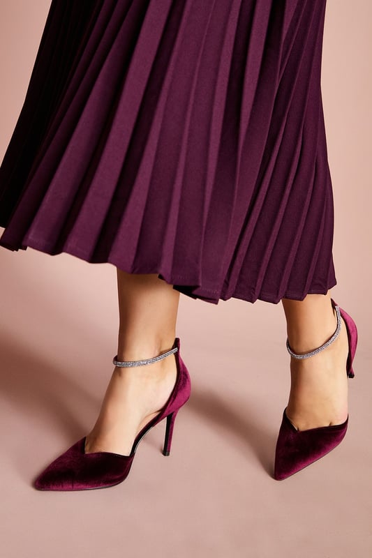Sicily Velvet Diamante Ankle Strap Pointed Court Shoes