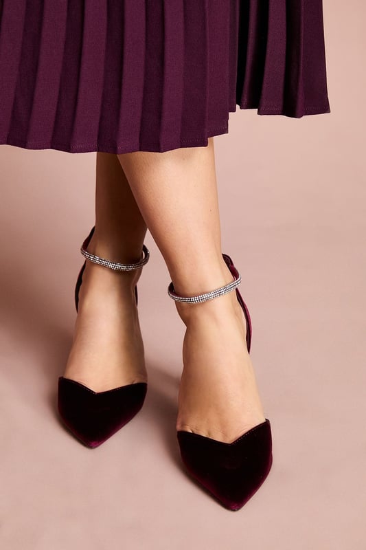 Sicily Velvet Diamante Ankle Strap Pointed Court Shoes