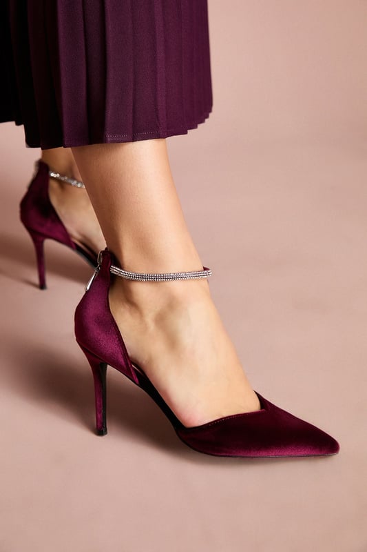 Sicily Velvet Diamante Ankle Strap Pointed Court Shoes