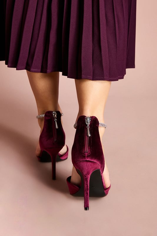 Sicily Velvet Diamante Ankle Strap Pointed Court Shoes