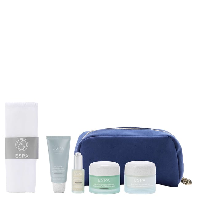 Experience the transformative power of ESPA's Luminous Regenerating Collection. This luxurious set rejuvenates your skin, reducing fine lines and uneven skin tone. Infused with plant extracts, marine actives, and essential oils, this collection promotes visibly brighter and more supple skin. Each product is clinically proven to enhance your skincare ritual. The set includes the Calming Cica Cleansing Balm, Phyto-Collagen Plumping Cream, Bio-Retinol Sleeping Serum, Phyto-Collagen Plumping Mask, and a stylish Reusable Cosmetic Bag.