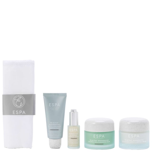 Experience the transformative power of ESPA's Luminous Regenerating Collection. This luxurious set rejuvenates your skin, reducing fine lines and uneven skin tone. Infused with plant extracts, marine actives, and essential oils, this collection promotes visibly brighter and more supple skin. Each product is clinically proven to enhance your skincare ritual. The set includes the Calming Cica Cleansing Balm, Phyto-Collagen Plumping Cream, Bio-Retinol Sleeping Serum, Phyto-Collagen Plumping Mask, and a stylish Reusable Cosmetic Bag.