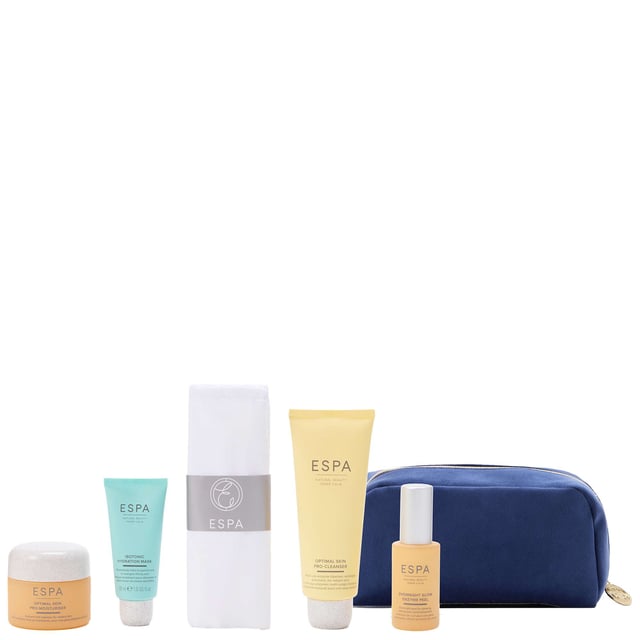 Unlock the secret to radiant skin with the ESPA Radiant Glow Collection. This luxurious gift set includes the best of ESPA's Active Nutrients range, featuring powerful enzymes, nourishing super-algae, and hydrating electrolytes designed to rejuvenate your skin during winter. Follow this curated routine for a naturally glowing complexion. The set contains: ESPA Optimal Skin Pro-Cleanser (100ml), ESPA Overnight Glow Enzyme Peel (30ml), ESPA Optimal Skin Pro-Moisturiser (55ml), ESPA Isotonic Hydration Mask (30ml), ESPA Dual Action Cotton Cleansing Cloth, and an ESPA Reusable Cosmetic Bag.