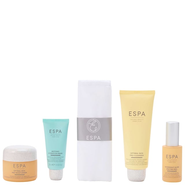 Unlock the secret to radiant skin with the ESPA Radiant Glow Collection. This luxurious gift set includes the best of ESPA's Active Nutrients range, featuring powerful enzymes, nourishing super-algae, and hydrating electrolytes designed to rejuvenate your skin during winter. Follow this curated routine for a naturally glowing complexion. The set contains: ESPA Optimal Skin Pro-Cleanser (100ml), ESPA Overnight Glow Enzyme Peel (30ml), ESPA Optimal Skin Pro-Moisturiser (55ml), ESPA Isotonic Hydration Mask (30ml), ESPA Dual Action Cotton Cleansing Cloth, and an ESPA Reusable Cosmetic Bag.
