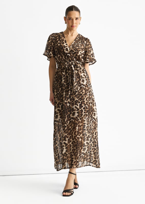 Vestido midi cruzado de gasa marrón con rayas de lurex animal print