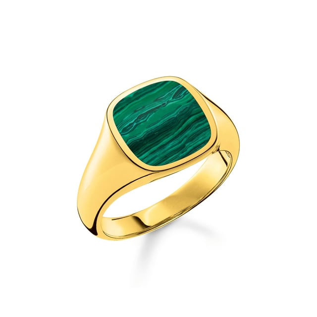 Thomas Sabo zegelring in Goud Thomas Sabo zegelring. Het krijgt een bijzondere waarde door de afwerking met geelgoud. Hoogtepunt: Elke gouden ring is uniek dankzij de individuele structuur van de inleg van imitatie malachiet. De ringkop is briljant gepolijst en uitzonderlijk glad. Dit sieraad met zijn minimalistische design is een ideale metgezel voor elke dag. Het is ook geschikt als cadeau voor favoriete mensen en is als unisex-ring een uitzonderlijke partnerring. Materiaal: 100% 18K Verguld Sterling Zilver (Gerecycled). Ref: TR23321406.
