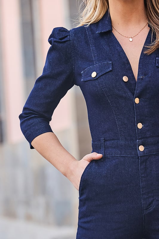 The secret to effortless dressing It's our best-selling silhouette for a reason Super-stretchy and soft denim delivers comfort and style Kick-flare cut to elongate your legs Elevated with feminine puff sleeves and luxe gold buttonsJust add ankle bootsInside leg to fit: Short 29" | Regular 31" | Long 33"