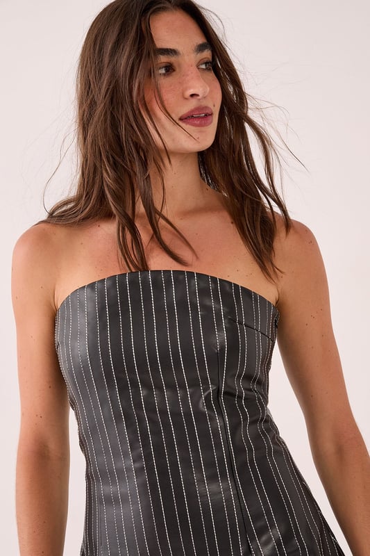 Pinstripe Embroidered Faux Leather Bandeau Mini Dress