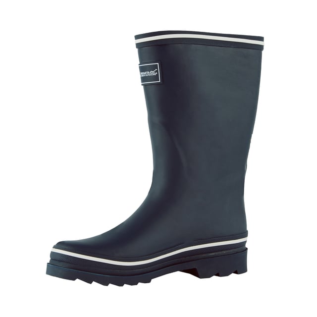 Regatta - "Amelia" Logo Gummistiefel für Damen (Marine) Marke: Regatta. Obermaterial: Vulkanisierter Gummi, Wasserfest. Futterstoff: Baumwolle, Weich. Laufsohle: Gummi. Abgewinkelte Ösen. Absatz: Flach. Knöchelhoch. Design: Logo, Unifarben. Zehenstil: Rund. Zum Überziehen.
