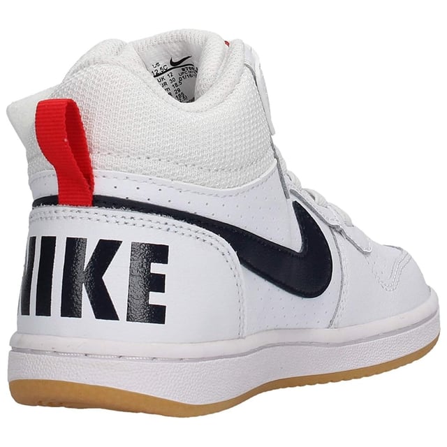 Elevate youthful style and performance with the Nike Court Borough Mid (GS) White Sneakers. Crafted from 100% premium leather, these trainers offer lasting durability and a comfortable fit ideal for all-day wear. The classic white upper is accented with bold black and red details, blending sporty flair with timeless design. Designed to support active feet, these mids provide reliable ankle coverage and cushioning, making them perfect for both on-court action and casual outings. Whether for school or weekend adventures, these sneakers deliver a confident look and dependable comfort every step of the way