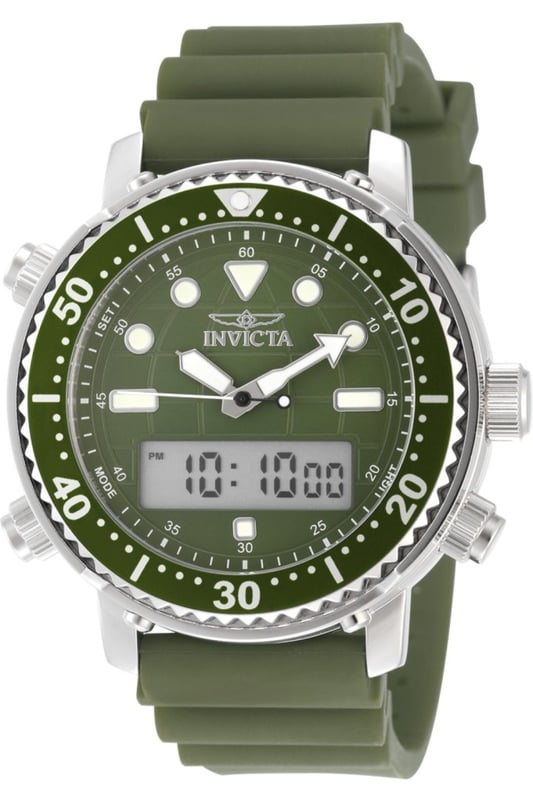 Invicta Pro Diver 49450 Heren Horloge - Quartz Uurwerk - Roestvrij Staal met groene Wijzerplaat - 46mm De Invicta 49450 heeft een roestvrijstalen horlogekast van 46 millimeter met een groene wijzerplaat.
Dit model wordt aangedreven door een accuraat Quartz uurwerk.
5 bar waterdicht.
Dit model is onderdeel van de Invicta Pro Diver collectie.
Inclusief 2 jaar garantie.