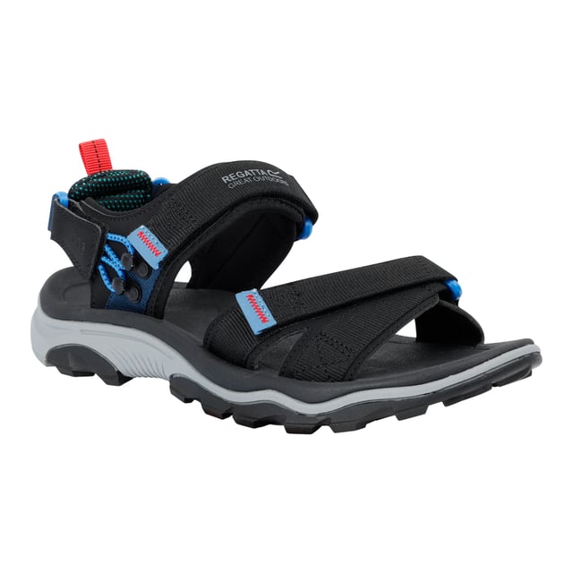 Regatta Heren Blaze Sandalen (Zwart/Coronetblauw) Boven: Netwerk, synthetisch. Binnenzool: TECFOAM. Tussenzool: Verstevigd, XLT. Buitenzool: Rubber. Stoftechnologie: Ademend, duurzaam. 3-Punts Verstelling, Comfort Grip, Hielband, Verbeterde Tractie, Treklipje. Vlakke. Snijden: Laag gesneden. Ontwerp: Contrast, Logo. Bevestiging: Verstelbare riem, haak en lus.. Gemakkelijk te bedienen.