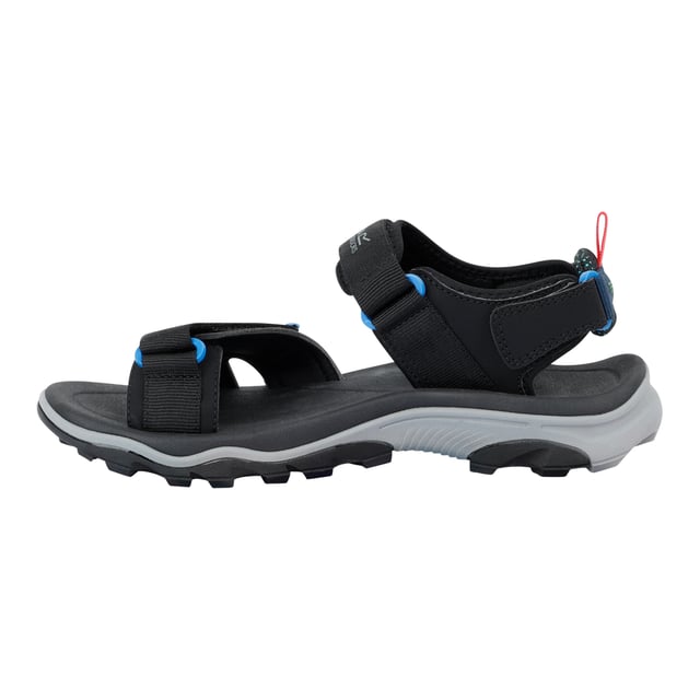 Regatta Heren Blaze Sandalen (Zwart/Coronetblauw) Boven: Netwerk, synthetisch. Binnenzool: TECFOAM. Tussenzool: Verstevigd, XLT. Buitenzool: Rubber. Stoftechnologie: Ademend, duurzaam. 3-Punts Verstelling, Comfort Grip, Hielband, Verbeterde Tractie, Treklipje. Vlakke. Snijden: Laag gesneden. Ontwerp: Contrast, Logo. Bevestiging: Verstelbare riem, haak en lus.. Gemakkelijk te bedienen.