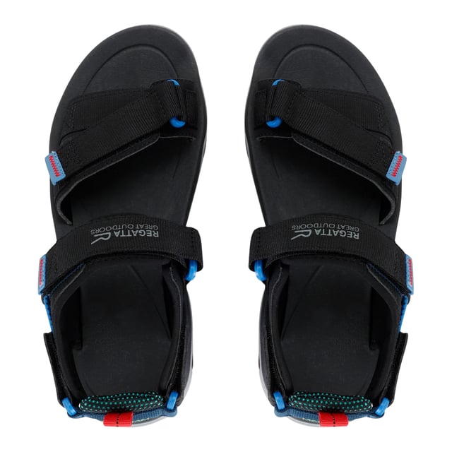 Regatta Heren Blaze Sandalen (Zwart/Coronetblauw) Boven: Netwerk, synthetisch. Binnenzool: TECFOAM. Tussenzool: Verstevigd, XLT. Buitenzool: Rubber. Stoftechnologie: Ademend, duurzaam. 3-Punts Verstelling, Comfort Grip, Hielband, Verbeterde Tractie, Treklipje. Vlakke. Snijden: Laag gesneden. Ontwerp: Contrast, Logo. Bevestiging: Verstelbare riem, haak en lus.. Gemakkelijk te bedienen.