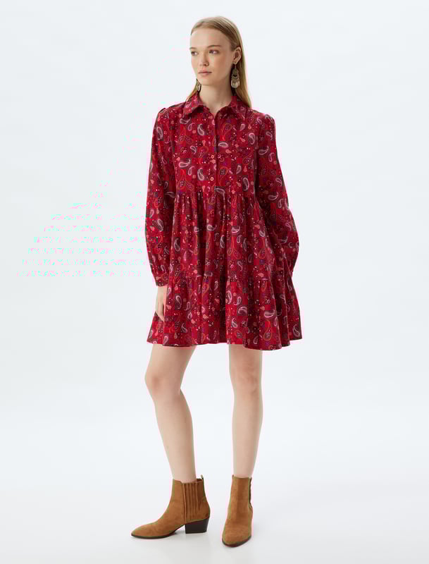 -Mit Knöpfen -Relax -Geschichtet -Ohne Tasche -Mini Länge -Langärmelig -Hemdkragen -Kleid