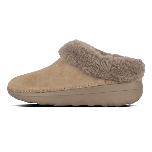 Women's Fit Flop Loaff II Snug Slippers in Beige Womens FitFlop Loaff II Snug Slippers in timberwolf- Light pressure-diffusing Microwobbleboard midsole - triple-density cushioning follows 3 footstep stages (firm heel-soft middle-medium at toes) - Average to wide feet- Microfibre-lined suede uppers with shearling collar and supercozy shearling-lined footbed with a seamless built-in arch contour- Lightweight slip-resistant sole with hardwearing rubber pods - These shoes have been granted the APMA* Seal of Acceptance for footwear found to promote good foot healthRef: BO8-326