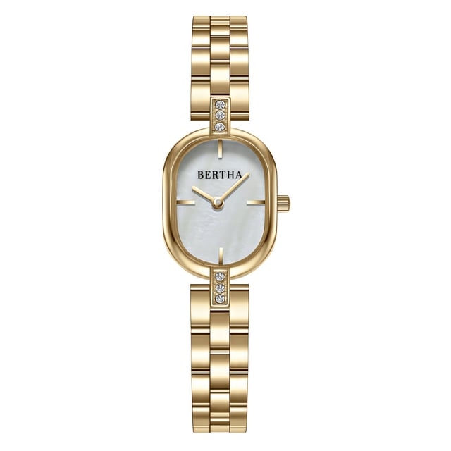 Stainless Steel Case and Case Back, Stainless Steel Crown, Mother of Pearl Dial w/ Applied Index, Brass Hands, Japan PC20 Movement, 5 ATM Water Resistant, Case Diameter 20mm w/ Crown 23mm, Band Width 10mm, Case Thickness 8mm.