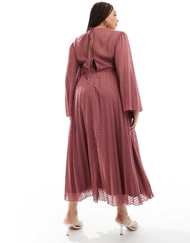 ASOS DESIGN Curve tie back fluted sleeve pleated chevron chiffon midi dress  in rose