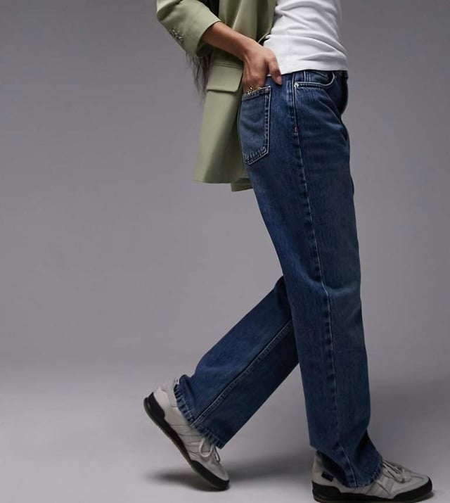 Topshop Petite Kort high rise straight jean in mid blue