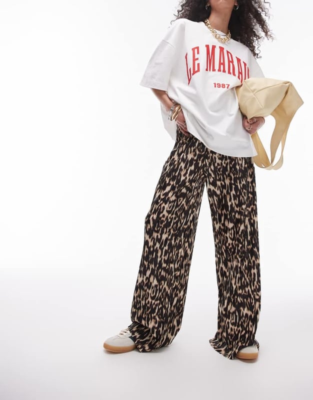 Topshop abstract leopard crinkle plisse wide leg trouser in brown