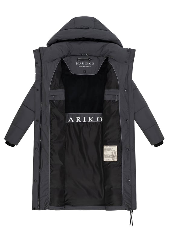 MARIKOO Lange winterjas voor dames, warme gewatteerde jas met afneembare capuchon en magnetische details, Chumanii XVI XS-6XL, choco, L
