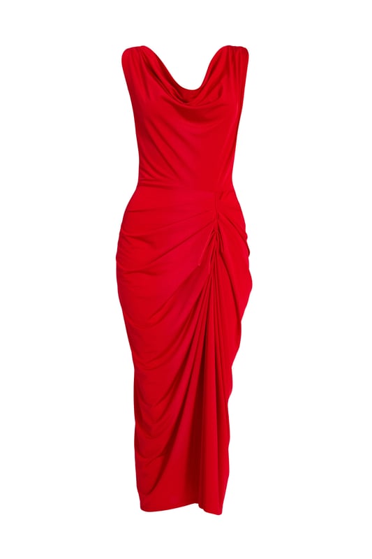 Red Cowl Neck Ruched Midi Dress