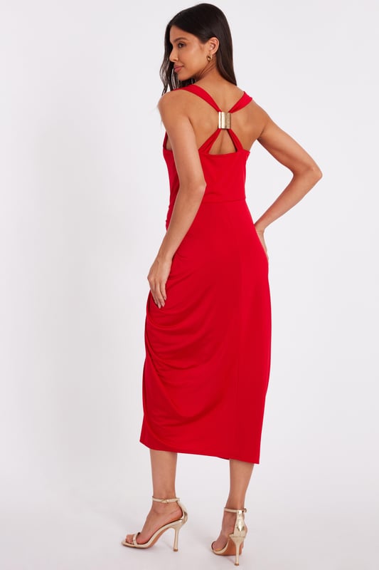 Red Cowl Neck Ruched Midi Dress
