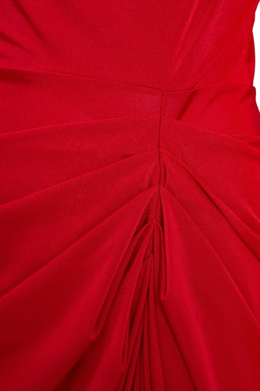 Red Cowl Neck Ruched Midi Dress
