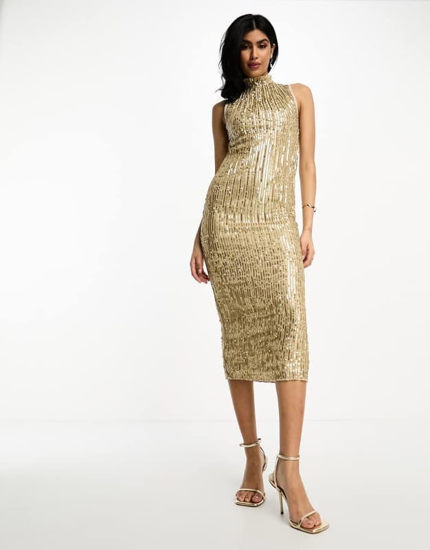 slim fit dress slacks Rent Asos Design Off Shoulder Bardot Tuck Midi Dress In Satin Gold main image 1