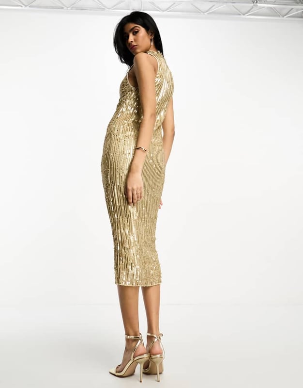 knee length dresses for ladies Rent ASOS DESIGN Midi Dress With Batwing Sleeve And Wrap Waist In Scatter  Sequin