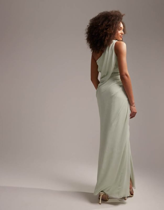 green emerald velvet dress Asos Edition Satin Cami Maxi Dress With Drape Detail In Sage Green main image 1