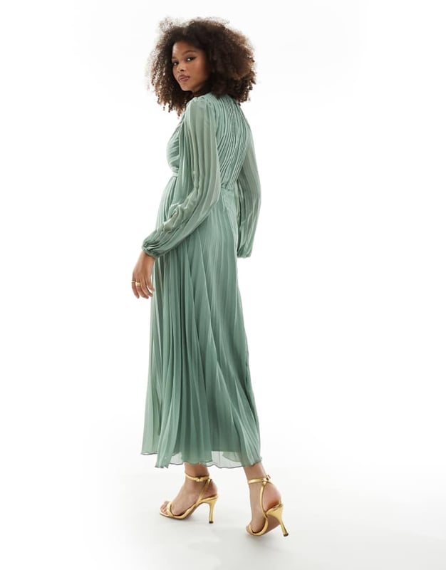 ASOS DESIGN pleated bodice plunge neck midi dress in sage green